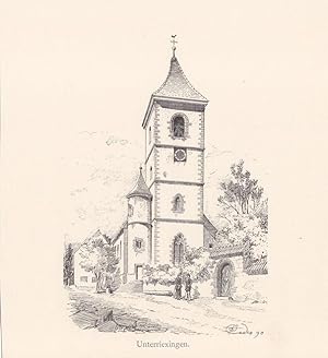 Markgröningen-Unterriexingen / Württemberg. Ansicht der Kirche. Holzstich sign. und dat. Quades (...