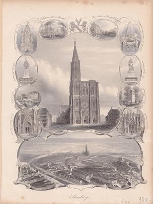 Straßburg. Souvenirblatt mit 12 Ansichten. Stahlstich ( von Payne ) um 1850 Reine Bildgröße : 23,...