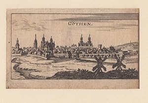 Köthen - " Cöthen ". Gesamtansicht, im Vordergrund 2 Windmühlen. Kupferstich bei Riegel um 1680. ...