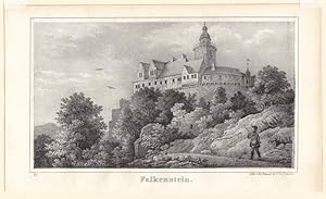 Falkenstein / Selketal. Nahsicht der Burg, vorn rechts Jäger. Lithographie von Ed. Pietzsch, Dres...