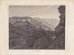 Blankenburg / Harz. Blick aus halber Höhe mit Felsen auf Schloß und Stadt. Aquatinta-Radierung vo...