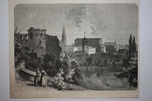 Halle - " Ansicht von Halle ". Blick von erhöhtem Standort vor der Moritzburg auf Saale und Altst...