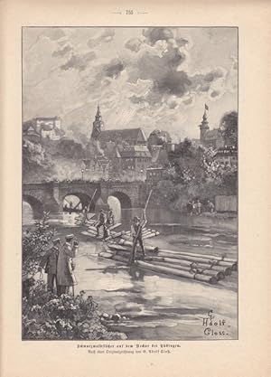 Tübingen - " Schwarzwaldflößer auf dem Neckar bei Tübingen " ( Zug von Flößen unterhalb der Necka...