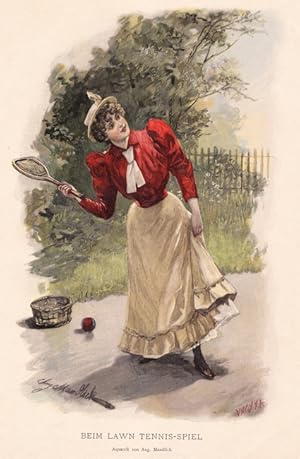 Tennis - " Beim Lawn Tennis-Spiel " ( Elegante junge Dame beim Spiel, in der rechten Hand den Sch...