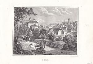 STADTRODA - " Roda ". Gesamtansicht, vorn links 2 Berittene. Anonymer Stahlstich um 1840. Reine B...