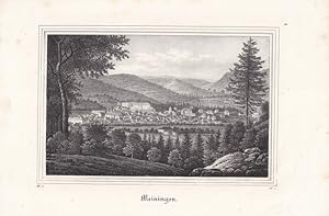 MEININGEN. Gesamtansicht aus halber Höhe mit den umgebenden Bergen. Anonyme Lithographie aus Saxo...