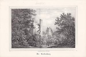 SAALFELD - " Die Sorbenburg". Ansicht der Burgruine Hoher Schwarm, dahinter Schloß Kitzerstein. L...