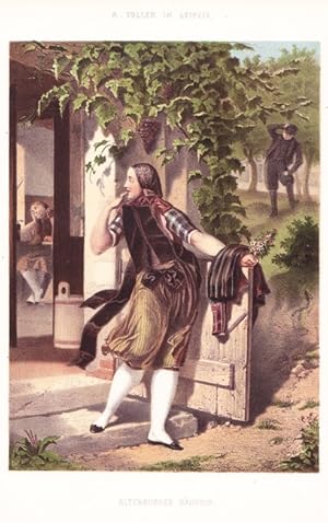 ALTENBURG - " Altenburger Bäuerin ". Junge Frau in Tracht schaut von weinüberranktem Hauseingang ...