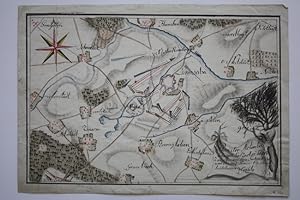 BAD LANGENSALZA - Manuskriptkarte :" Plan der Action bei Langen Salza 15 Feb. 1761 . ". Farbig aq...