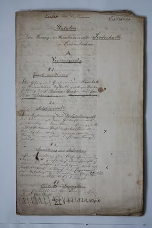 STATUTEN DES GESANG- UND THEATERVEREINS LIEDERHALLE in Crimmitschau. Deutsche Handschrift auf Pap...