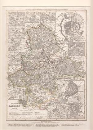 PROVINZ SACHSEN 1849". Alt grenzkolorierte Stahlstich-Karte, umgeben von kleinen Stadtplänen von ...