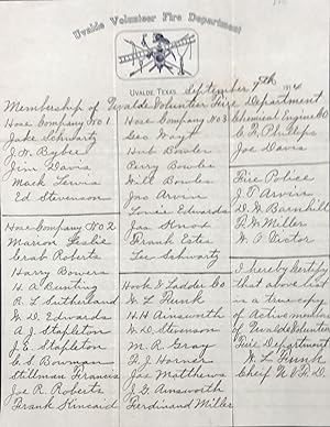 MEMBERSHIP OF UVALDE VOLUNTEER FIRE DEPARTMENT, a manuscript document, signed 7 September 1914 as...