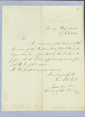 Imagen del vendedor de Informing a correspondent that P.G. Washington has been named temporary Treasurer of the United States in a secretarial letter, signed ("Louis M'Lane") 21 July 1832 as Secretary of the Treasury a la venta por Bartleby's Books, ABAA