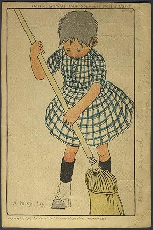 Artist Card: Boston Sunday Post Souvenir Postcard of Girl Sweeping