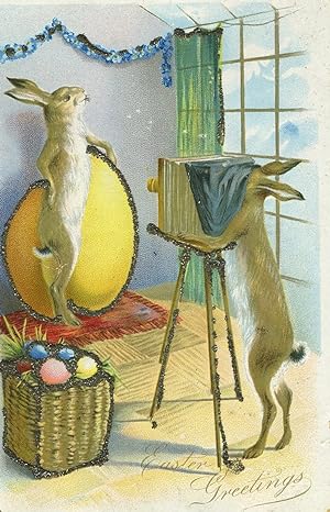 Easter Postcard Showing One Bunny Taking Photo of Another