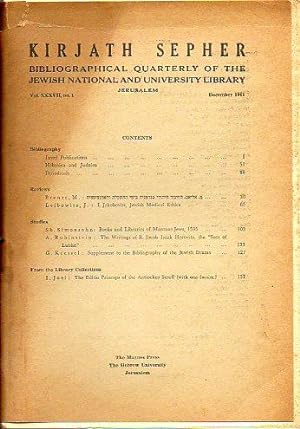 Seller image for KIRJATH SEPHER. Bibliographical Quarterly Bibliographical Review. Vol. XXXVII. N 1. for sale by angeles sancha libros