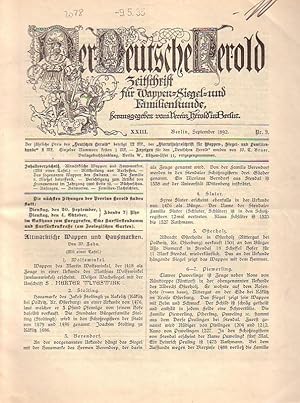 Seller image for Der Deutsche Herold. Zeitschrift fr Wappen-, Siegel- und Familienkunde. Nr. 9; September 1892. XXIII. Jahrgang. for sale by Antiquariat Carl Wegner