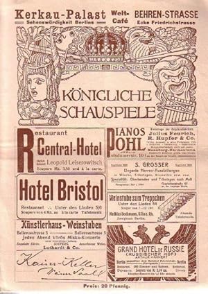 Imagen del vendedor de Knigliche Schauspiele 1911. Zeitschrift fr Theater und Kultur. aus dem Inhalt u.a.: Otto Grund: Schummels erster Theaterbesuch. Werbeanzeigen, Besetzungsliste der Auffhrung "Die Hugenotten". Groe Oper in 5 Akten von G. Meyerbeer. Regie: Bachmann. Ballett: Graeb. Darsteller u.a.: Hr. Grieswold; Hr. Bronsgeest; Fr. Kurt; Fr. Parbs. Auffhrung: 1. Januar 1911, Opernhaus; Bericht ber: Alice v. Arnauld, Paul Knpfer. a la venta por Antiquariat Carl Wegner