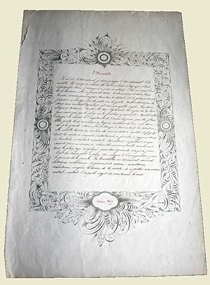 Bild des Verkufers fr Ce trs belle page prsente un dcor calligraphique imprim qui contient un texte manuscrit intitul l'HIRONDELLE. Dat 1847 zum Verkauf von JOIE DE LIRE