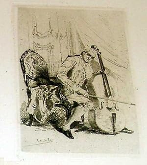 Bild des Verkufers fr Trs eau-forte sur papier verger "Le joueur de violoncelle" signe R. De LOS RIOS zum Verkauf von JOIE DE LIRE