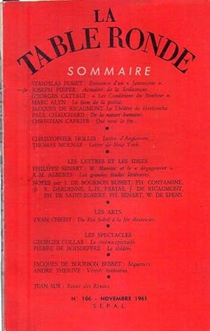 Bild des Verkufers fr LA TABLE RONDE - No. 166, novembre 1961 zum Verkauf von Buenos Aires Libros