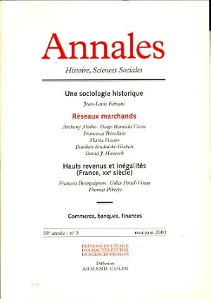 Bild des Verkufers fr Annales. Histoire, Science Sociales, 58e Anne, No 3, Mai-Juin 2003 Revue bimestrielle publie depuis 1929 par l'cole des Hautes tudes en Sciences Sociales avec le concours du Centre National de la Recherche Scientifique. Fondateurs: Lucien Febvre et Marc Bloch. Ancien directeur: Fernand Braudel. zum Verkauf von Fundus-Online GbR Borkert Schwarz Zerfa