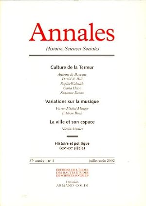 Bild des Verkufers fr Annales. Histoire, Science Sociales, 57e Anne, No 4, Juillet-Aot 2002 Revue bimestrielle publie depuis 1929 par l'cole des Hautes tudes en Sciences Sociales avec le concours du Centre National de la Recherche Scientifique. Fondateurs: Lucien Febvre et Marc Bloch. Ancien directeur: Fernand Braudel. zum Verkauf von Fundus-Online GbR Borkert Schwarz Zerfa