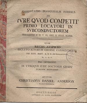 Image du vendeur pour Juristische Inaugural-Dissertation. De iure quod competit primo locatori in subconductorem occasione p. II. t. IX. art. X. Stat. Hamb. mis en vente par Wissenschaftliches Antiquariat Kln Dr. Sebastian Peters UG