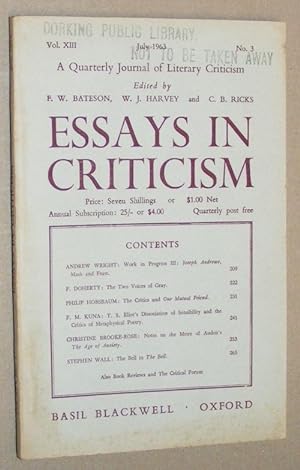 Seller image for Essays in Criticism: Vol.XIII No.3, July 1963: a Quarterly Journal of Literary Criticism for sale by Nigel Smith Books