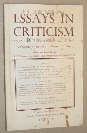 Seller image for Essays in Criticism: Vol.XX No.3, July 1970: a Quarterly Journal of Literary Criticism for sale by Nigel Smith Books