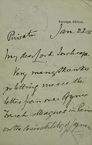 Imagen del vendedor de Autograph letter signed from W. Tyrrell at the Foreign Office to Lord Inchcape , marked "Private", 3-sides 8vo. January 23, 1915 a la venta por Bristow & Garland