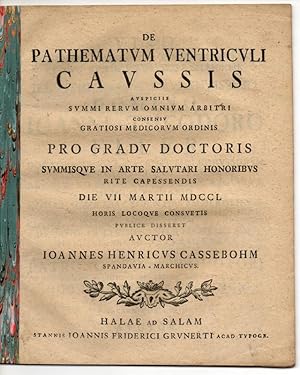 Imagen del vendedor de Medizinische Dissertation. De pathematum ventriculi caussis. a la venta por Wissenschaftliches Antiquariat Kln Dr. Sebastian Peters UG