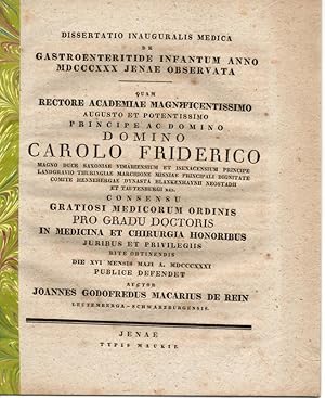 Bild des Verkufers fr Medizinische Inaugural-Dissertation. De gastroenteritide infantum anno 1830 Jenae observata. zum Verkauf von Wissenschaftliches Antiquariat Kln Dr. Sebastian Peters UG