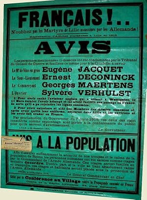 AFFICHE ANCIENN E- FRANCAIS N'oubliez pas les Martyrs de Lille assassinés par les Allemands "Repr...