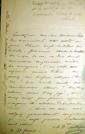 Bild des Verkufers fr Lettre autographe signe de la Duchesse de MASSA  PAER directeur de la musique du roi, pour recommander un jeune Polonais rempli de talent au violon Charles de KONTSKI zum Verkauf von JOIE DE LIRE