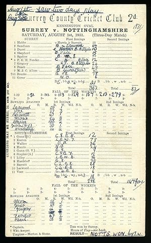 Seller image for Cricket Score Card Surrey versus Nottinghamshire at Kennington Oval Three Day Match for sale by Little Stour Books PBFA Member