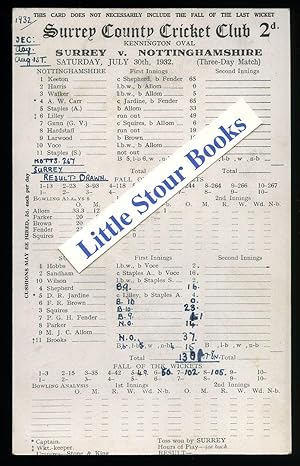 Seller image for Cricket Score Card Surrey versus Nottinghamshire at Kennington Oval Three Day Match for sale by Little Stour Books PBFA Member