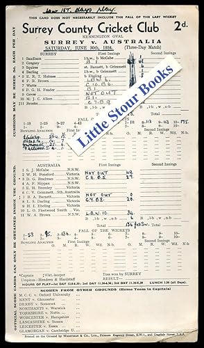 Seller image for Cricket Score Card Surrey versus Australia at Kennington Oval Three Day Match for sale by Little Stour Books PBFA Member