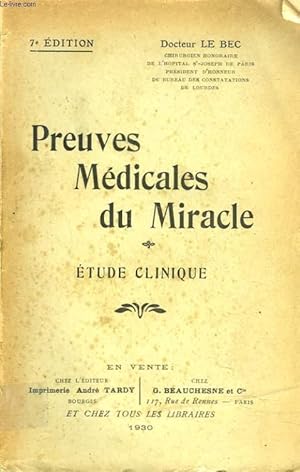 Seller image for PREUVES MEDICALES DU MIRACLE. for sale by Le-Livre