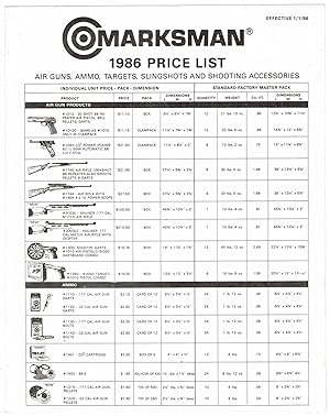 MARKSMAN PRODUCTS 1986 PRICE LIST: Air Guns, Ammo, Targets, Slingshots and Shooting Accessories