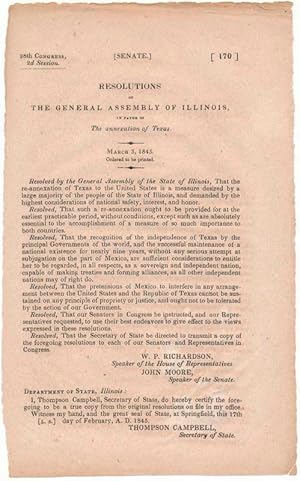 Seller image for Resolutions of the General Assembly of Illinois, in Favor of the annexation of Texas for sale by Main Street Fine Books & Mss, ABAA