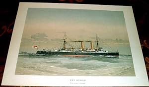 Seller image for Trs belle Lithographie couleur reprsentant le Bateau  vapeur HMS BLENHEIM par W Fred Mitchell. for sale by JOIE DE LIRE