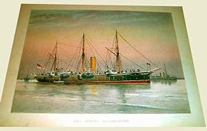 Seller image for Trs belle Lithographie couleur reprsentant le Bateau  vapeur HMS MOHAWK par W Fred Mitchell. for sale by JOIE DE LIRE