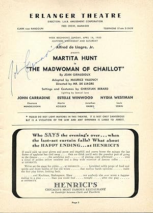Erlanger Theatre Program for The Madwoman of Chaillot signed by John Carradine.