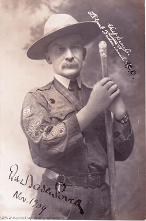 Exceptional early postcard photo signed "Robert Baden Powell" and dated with an autograph amendme...