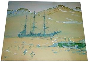 Bild des Verkufers fr Aquarelle originale signe F.Janou, non date represent une expdition polaire , bateau, pinguoins. zum Verkauf von JOIE DE LIRE