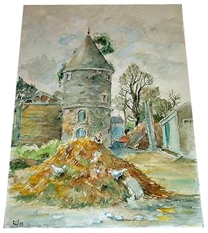 Aquarelle finement réalisée représentant un colombier dans une ferme animée de coqs et poules. Mo...