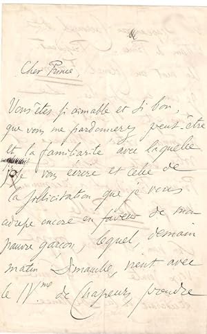 Seller image for Belle lettre autographe de Philarte CHASLES au Prince Murat lui demandant de dire un mot au Colonel FORTON. for sale by JOIE DE LIRE