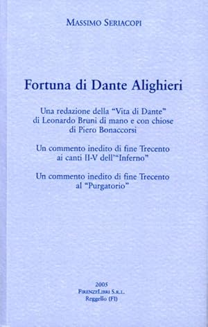 Bild des Verkufers fr Fortuna di Dante Alighieri. Una redazione della Vita di Dantedi Leonardo Bruni di mano e con chiose di Piero Bonaccorsi. Un commento inedito di fine Trecento ai canti II-V dell'Inferno. Un commento inedito di fine Trecento al Purgatorio. Dei tre documenti letterari presentati, il primo, in edizione critica, propone una redazione della Vita di Dante del Bruni trascritta nel 1440 da ser Piero Bonaccorsi, che alla copia del testo aggiunge chiose finora del tutto inedite. Segue un commento inedito, piuttosto esteso e fortemente allegorizzante e moralizzante, ai canti II, III, IV e V dell'Inferno, ancora trecentesco e interessante anche per i dati linguistici che lo caratterizzano. Notevole, infine, il terzo documento proposto, per la rarit di reperimento di commenti inediti a Dante del Trecento riferiti alla cantica purgatoriale, come avviene con il presente commento reperito nella Biblioteca Medicea Laurenziana di Firenze. zum Verkauf von FIRENZELIBRI SRL