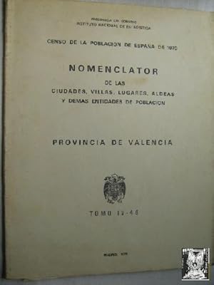 CENSO DE LA POBLACIÓN DE ESPAÑA DE 1970. PROVINCIA DE VALENCIA. Nomenclator